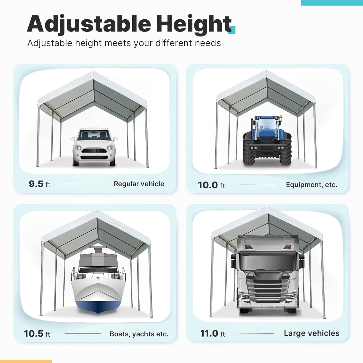 ADVANCE OUTDOOR 10x15 ft Carports Heavy Duty Car Canopy Garage Party Tent Boat Shelter, Adjustable Height from 9.5 ft to 11 ft, White