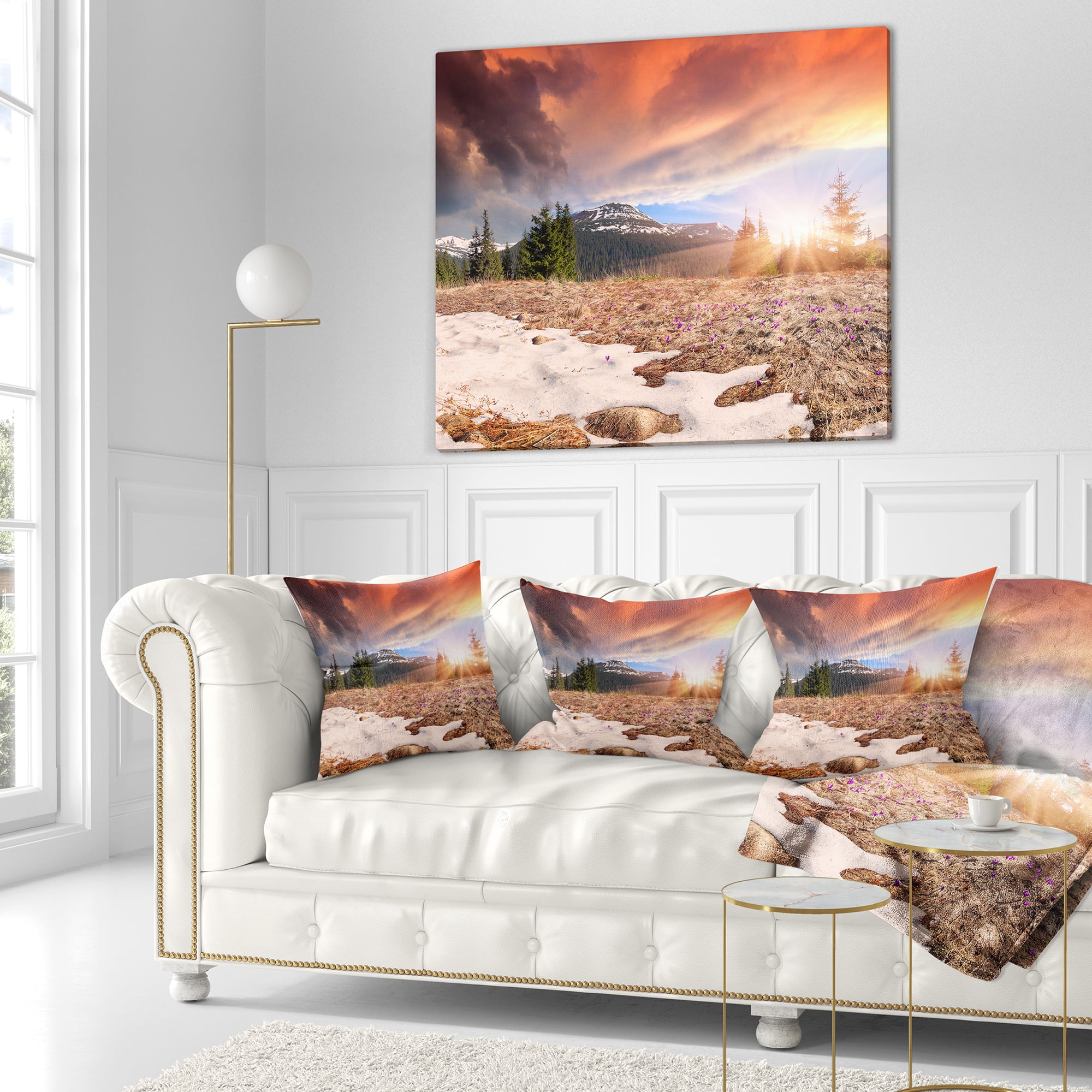 Designart Blooming Crocuses in Mountains - Landscape Photography Throw Pillow - 16x16