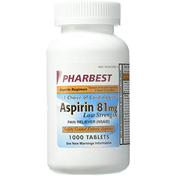 Pharbest Aspirin 81 mg Pain Reliever Low Strength Tablets, 1000 Count