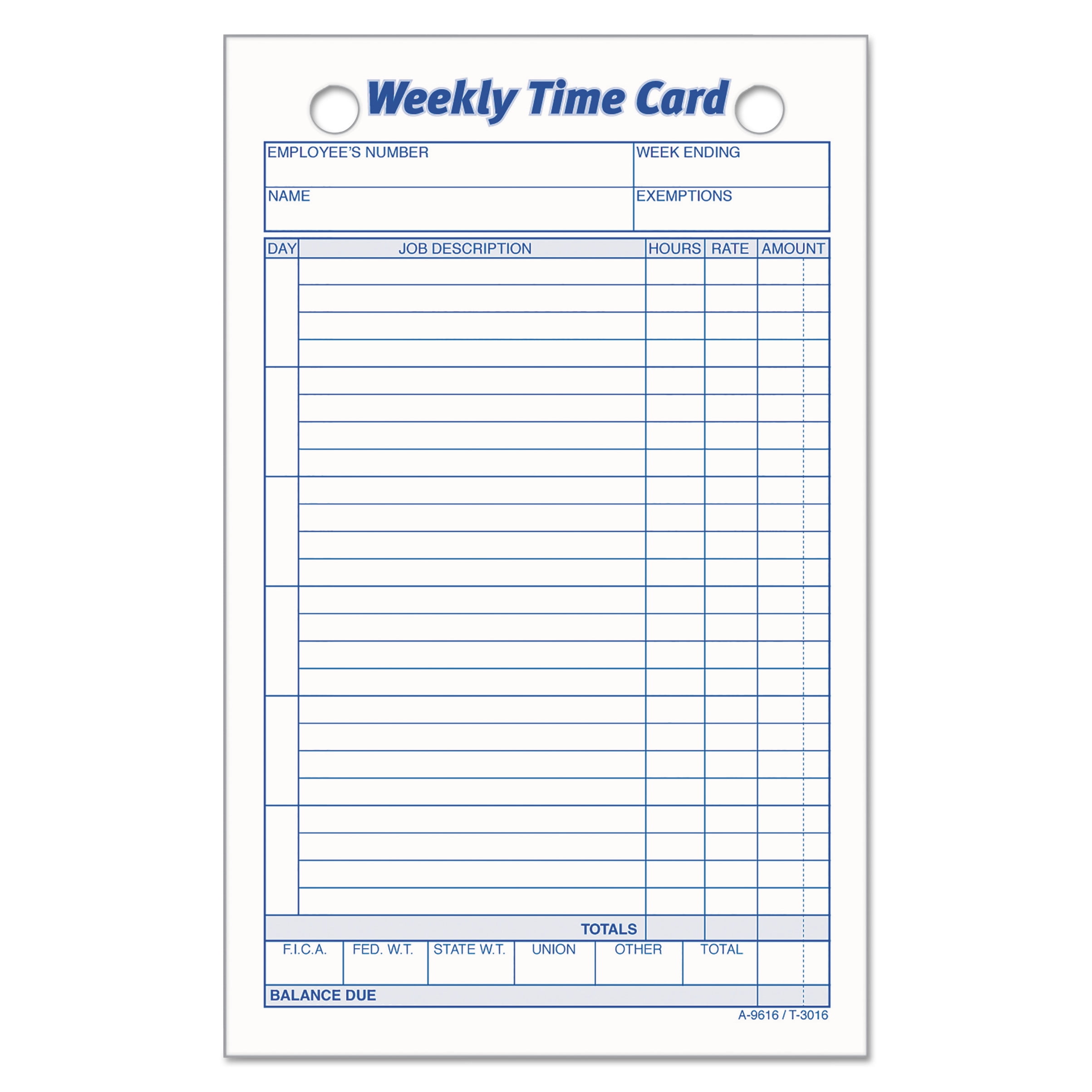 Weekly PK 100/Pack TOP3016 4-1/4 x 6-3/4 TOPS Employee Time Card 