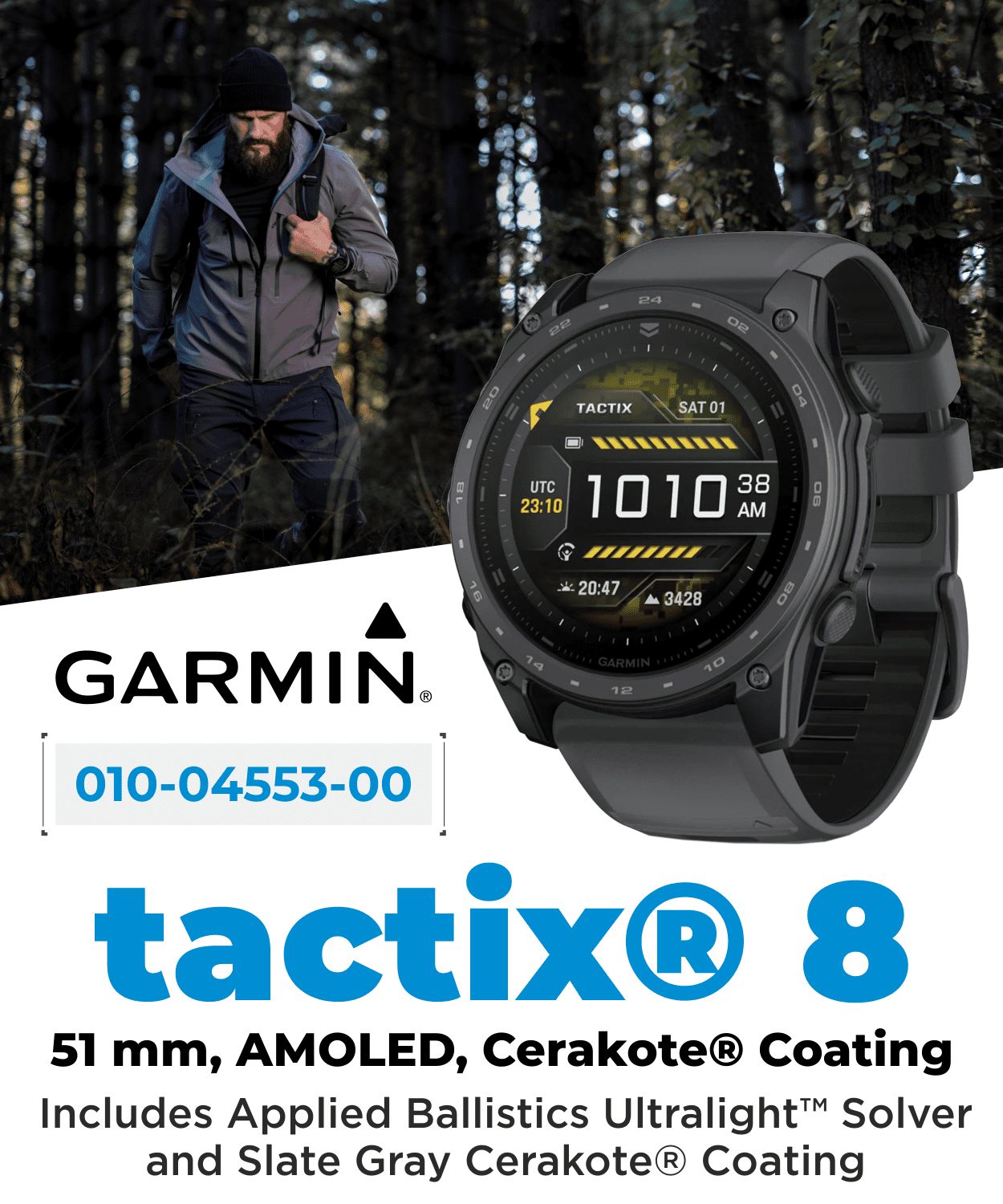 Garmin Tactix 8 51mm Cerakote, Premium Tactical GPS Smartwatch, AMOLED Display, Applied Ballistics Solver, Slate Gray Premium Cerakote Coating w/ Wearable4U Black Earbuds Bundle