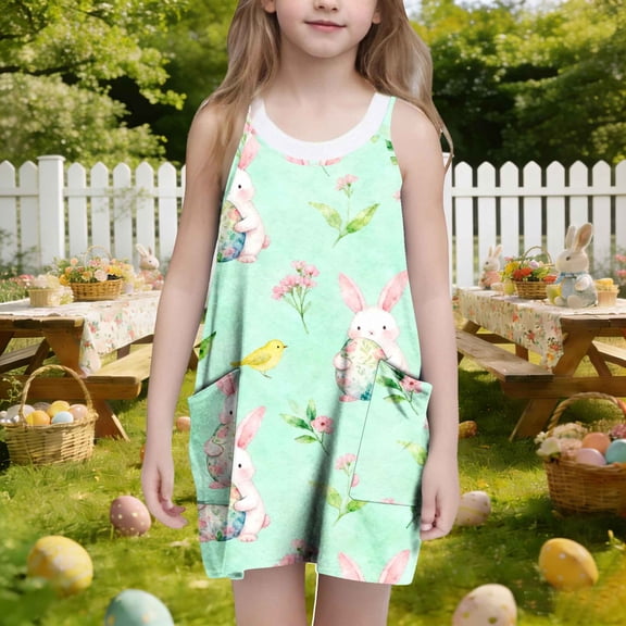 ATOGUTA Junior Dresses for Teen Girls Casual Casual Summer Spaghetti Straps Easter Romper Dresses with Pockets for Kid Size 3T-10. Multicolor