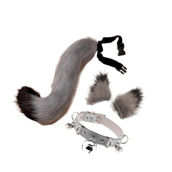 Faux Fur Cat Ears and Tail Set Up Tails Ear Playing Halloween Fancy Dress Cosplay Costume Gray