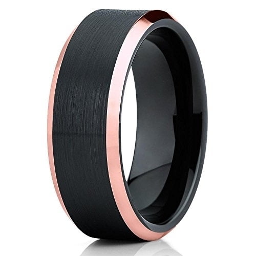Silly Kings Jewelry 8mm Black Brushed Tungsten Carbide Wedding Ring Rose Gold Beveled Edge Unisex Ring 10 (10)