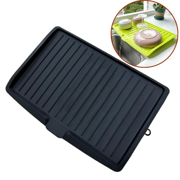 Fmxomd Silicone Dish Drying Mat for Kitchen Counter, Dish Drying Pad, Non-Slip Drain Pad with Built-in Drain, Heat Resistant Stone Drying Mat(17.6 "x 12.2", Black)