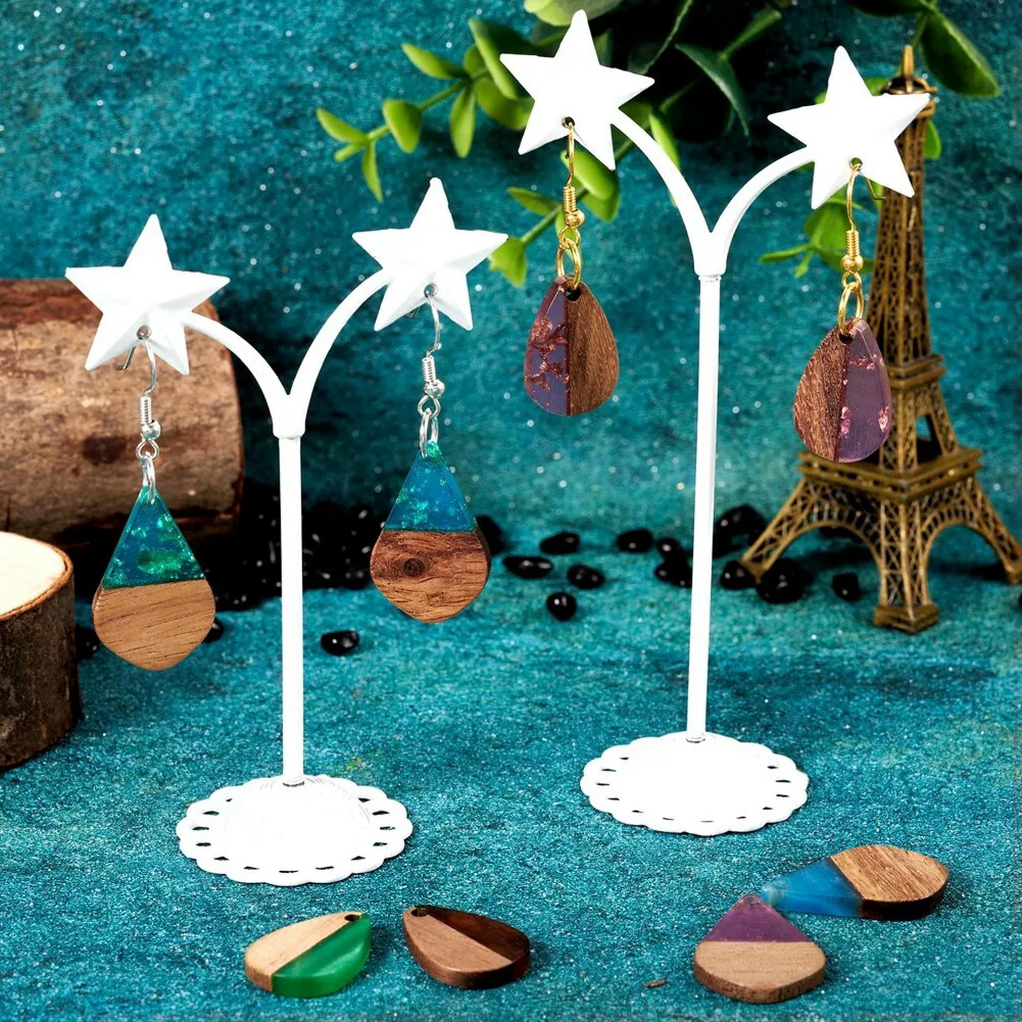 U8MO 16Pairs Resin Walnut Wood Pendants Hooks DIY Teardrop Dangle Earring Making Kits