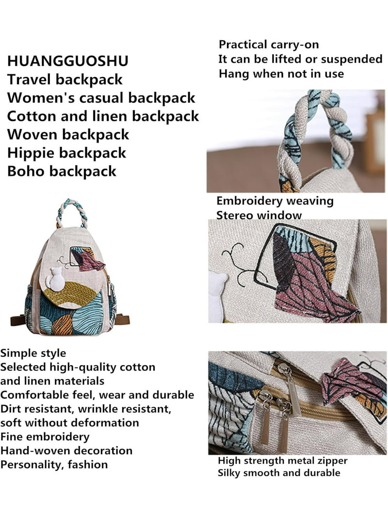 Womens Hippie Cotton Hemp Cloth Backpack Boho Vintage  display picture 1
