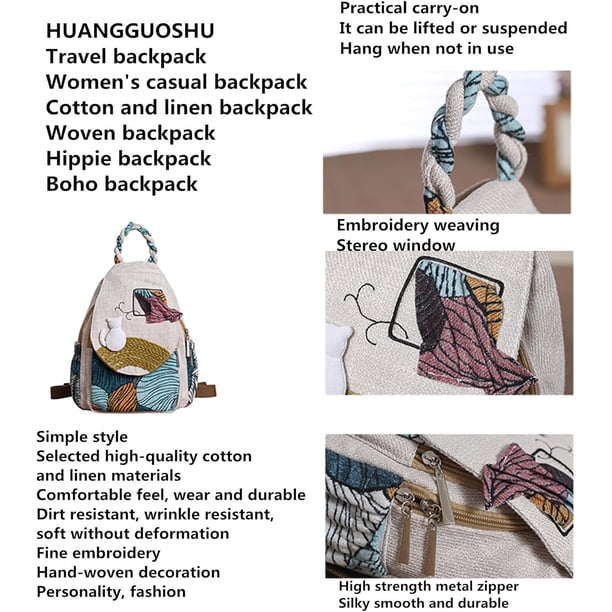 Womens Hippie Cotton Hemp Cloth Backpack Boho Vintage  display picture 1