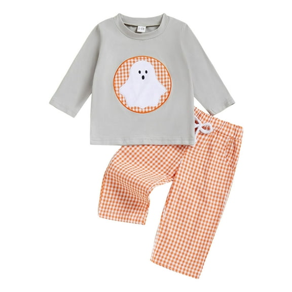 UAYOTSE Toddler Baby Boy Halloween Clothes Pumpkin Truck Embroidery Long Sleeve T Shirt Plaid Pants Set Fall Outfit(2-3 Years,I224-Orange)