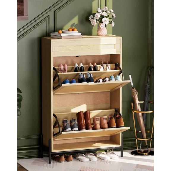 TROPOW Slim Wooden Entryway Shoe Cabinet with Two Flip Drawers, Space-Saving Freestanding Shoe Storage Organizer with Rattan Panels, Modern Closed Shoes Rack for Hallway, Foyer and Apartment