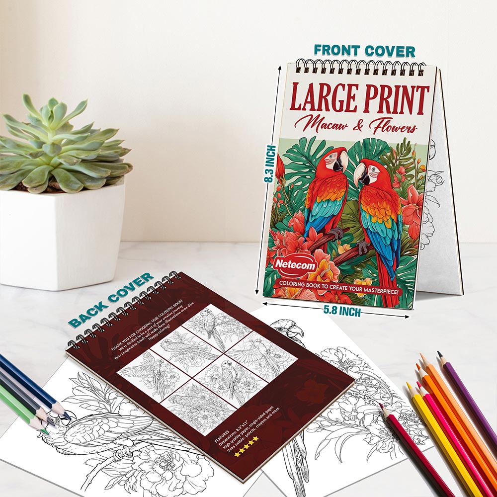Netecom Large Print Macaw and Flowers Coloring Book Spiral Bound for Adults, A5 Wooden Cover, 30 Exquisite Parrot and Floral Coloring Pages for Stress Relief and Relaxation