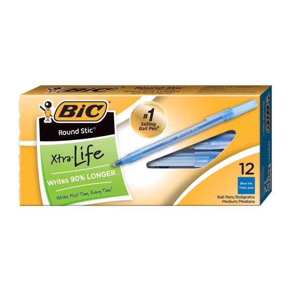 BIC Round Stic Xtra Life Ballpoint Pen, Stick, Medium 1 mm, Blue Ink, Translucent Blue Barrel, Dozen