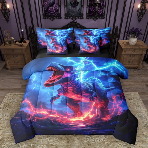 Homewish Ancient Dinosaur 7-Piece Twin Bedding Sets,Cartoon Dino Bedding Comforter Set,Orange Blue Sheet Sets For Boys Teens,Breathable Home Decor Reversible