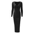 thumbnail image 4 of Vestido midi ajustado de manga larga y cuello en V de punto acanalado para mujer: vestido informal de punto para otoño/invierno, 4 of 5