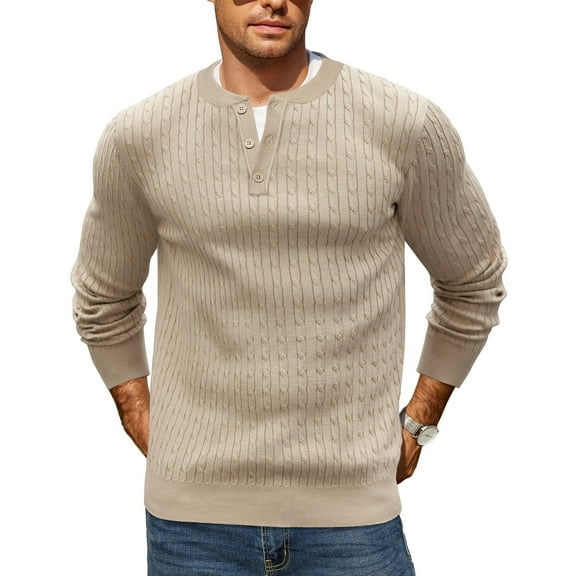 COOFANDY Men's Henley Knit Sweater Long Sleeve Button Crew Neck Casual Sweaters and Pullovers