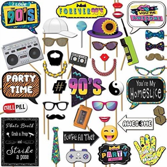 90s Photo Booth Props - 41-pc 90 s Selfie Prop Kit with 8 x 10-Inch Sign, 60 Adhesive Pads, 45 Sticks - 90 s Party Decorations - 90s Birthday Party