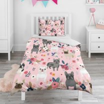 French Bulldog Dog Pattern with Flowers Duvet Cover and Pillowcase Set for Single Bedding, Bedroom Accessories for Kids Teens