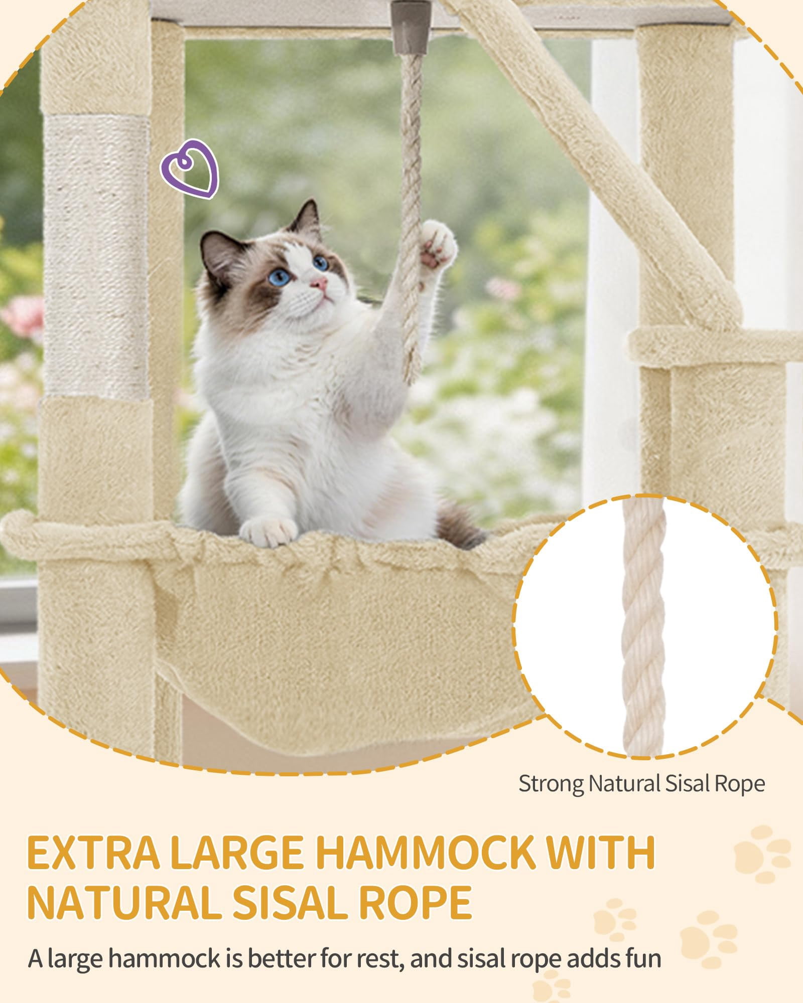 Cat Tree, 72 Inch Tall Beige Indoor Tower for Multiple Cats with Climbing, Condo, Scratching Posts