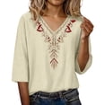thumbnail image 3 of GZWYHT Embroidered Linen Tops for Women Gauze Cotton Blouse Muslin Shirt Women Linen Tunic Tops Gauze Tunic Shirts for Women Linen 3/4 Sleeve Tops Beige L, 3 of 9