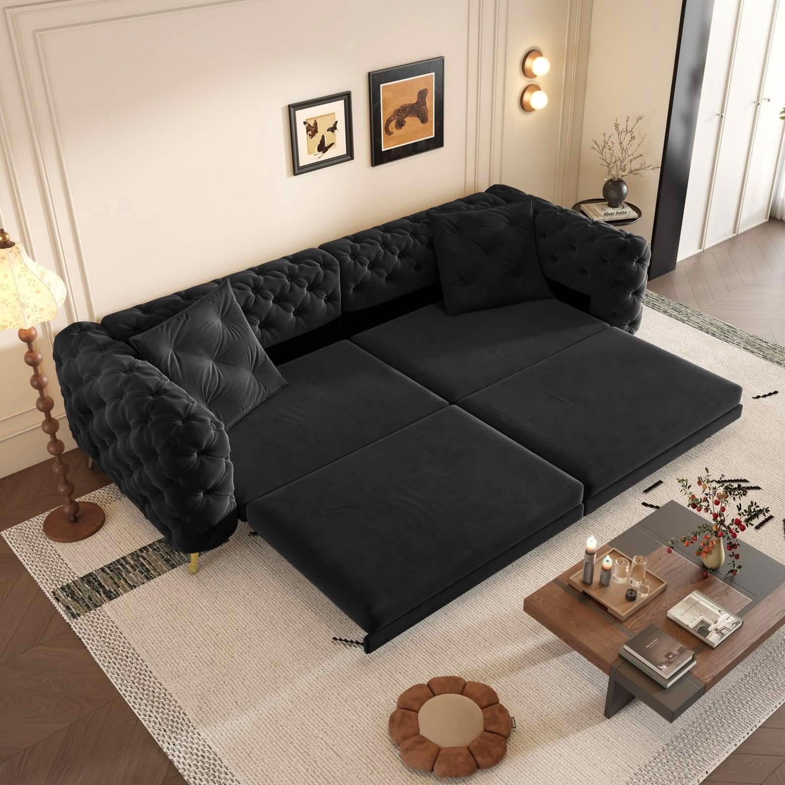MAYEERTY 97.7" 3‑in‑1 Convertible Sleeper Sofa Bed, Deep‑Seat Tufted Velvet 4‑Seater Couch with Movable Ottoman, 2 Pillows Included