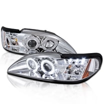 Spec-D Tuning Halo LED Chrome Housing Clear Lens Projector Headlights Compatible with 1994-1998 Ford Mustang, Left Right Pair Headlamps Assembly
