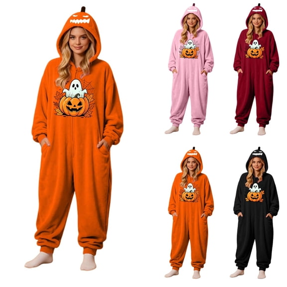 Halloween Onesie Pajamas Adult Pumpkin Ghost Halloween Costume Pajamas Adults Hooded Jumpsuit Sleepwear One Piece Union Suit Outfit Soft Cozy Lounge Wear for Holiday Party(PUMPKIN GHOST)