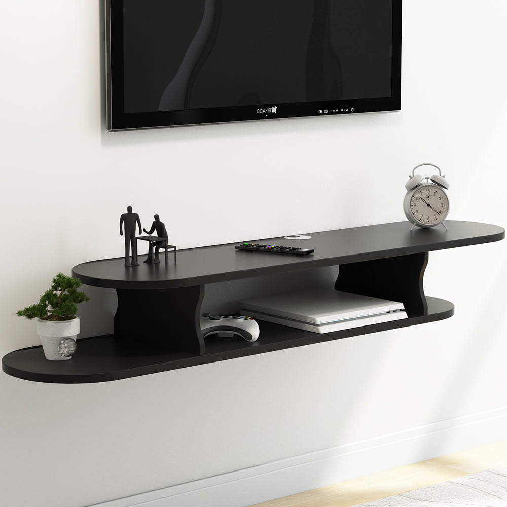Wood Floating Shelves Wall Mount TV Stand Media Console with 2 Tire Shelf Black 