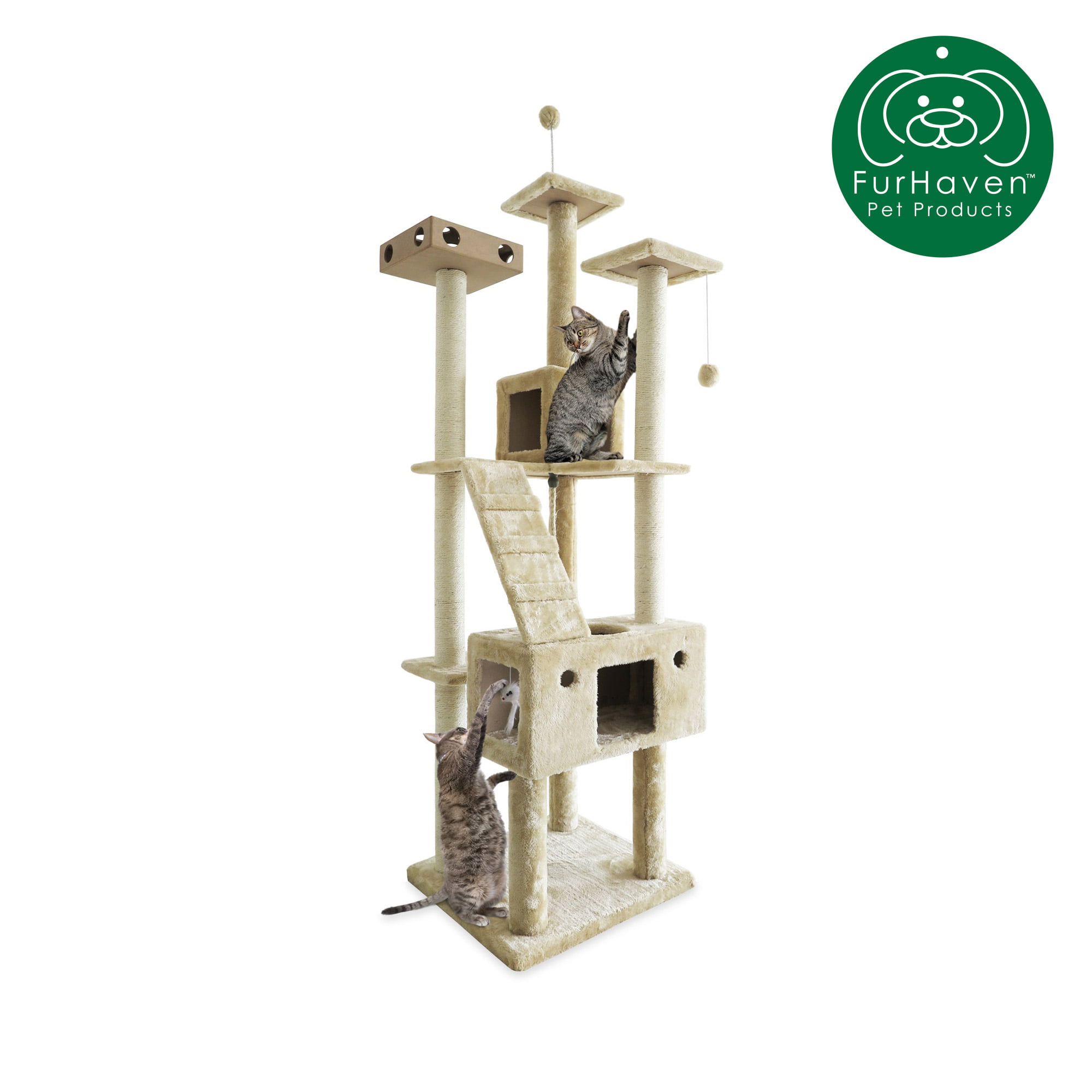 Furhaven Pet Cat Furniture Tiger Tough Fuzz Ball Hanging Toy Cat Scratcher Post Entertainment Cat Tree Playground for Cats & Kittens Blue