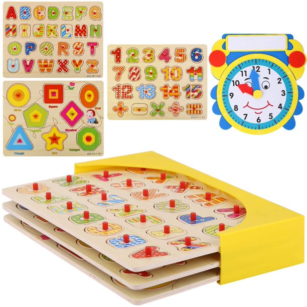 Wooden Peg Puzzles for Toddlers (Pack of 3 with Foam Learning Clock) Educational Preschool