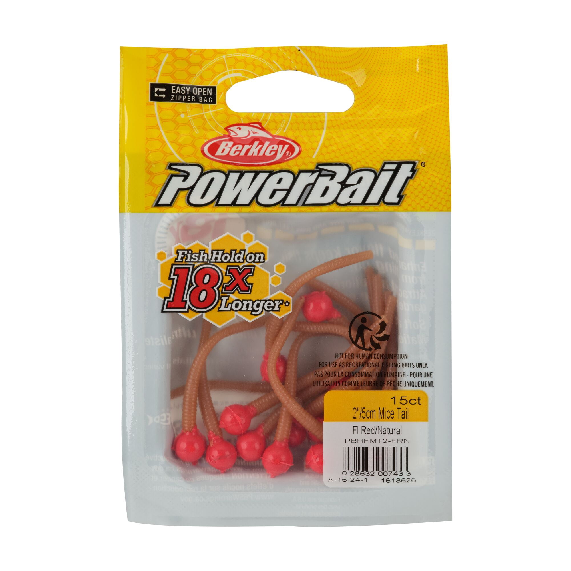 Berkley PowerBait® Floating Mice Tails, 2 in, Worms, Fluorescent Red/Natural (15 Count)