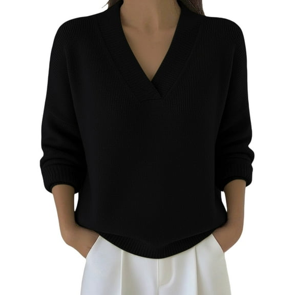 Breezora V Neck Knit Pullover Sweater Lightweight Long Sleeve Casual Fall Tops Womens 2025 Fashion Knitwear L Size Black