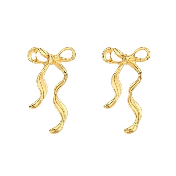HIRPLIS Bow Ribbon Dangle Earrings for Women Stainless Steel Matte Wavy Streamer Bow Drop Romantic Statement Party Daily Jewelry Gift Gold Plated