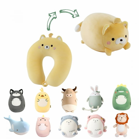 LAMIRO Kids Travel Pillow - 2-in-1 Deformable Kids Neck Pillow for Traveling, Soft U-Shaped Pillow with Adorable Animal Design, Comfy Sleep and Play, Ideal for Airplanes Travel - Yellow Bear