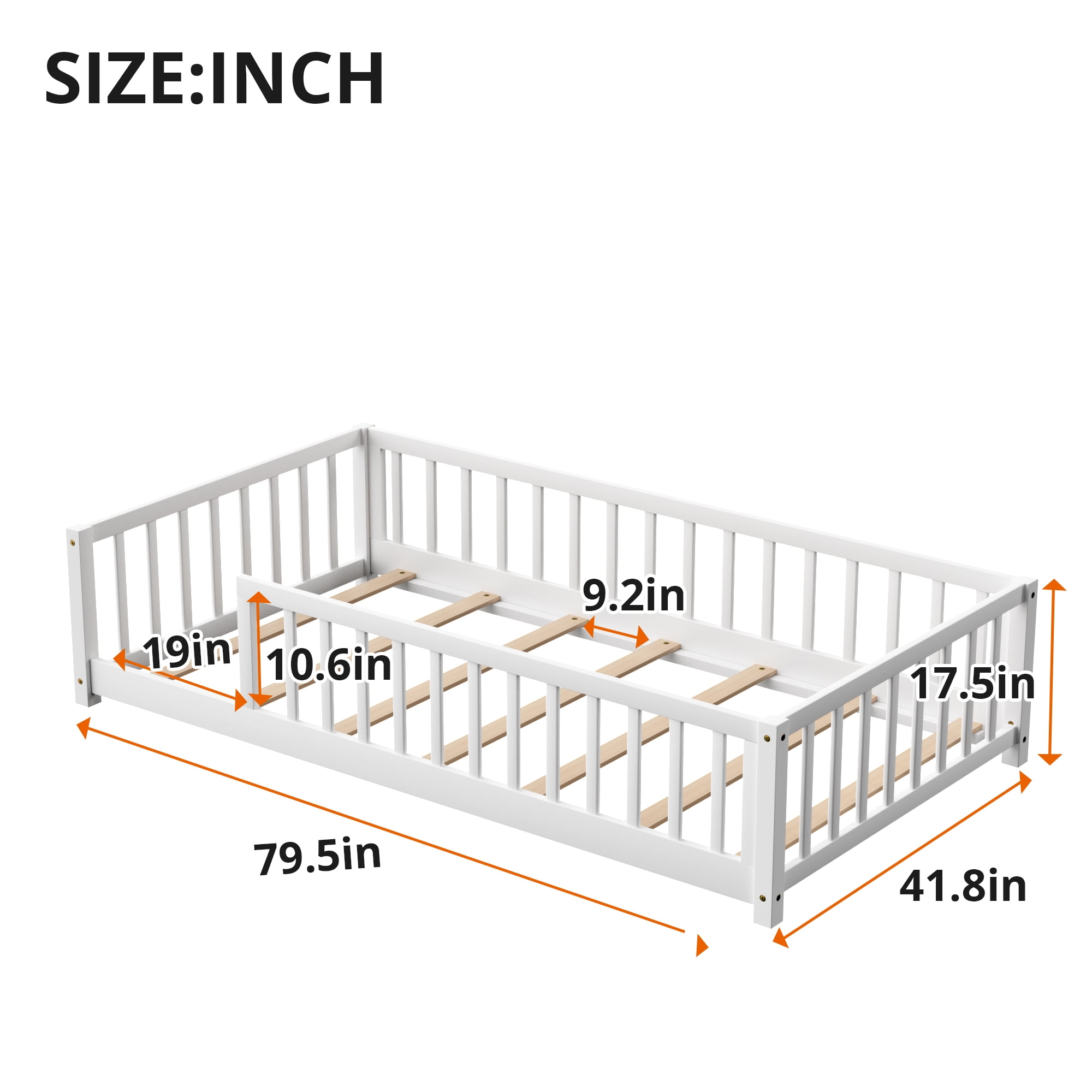 Twin Size Floor Bed, Wood Twin Montessori Bed Frame with Fence Guardrails and & Support Slats, Twin Playhouse Bed without Door, White