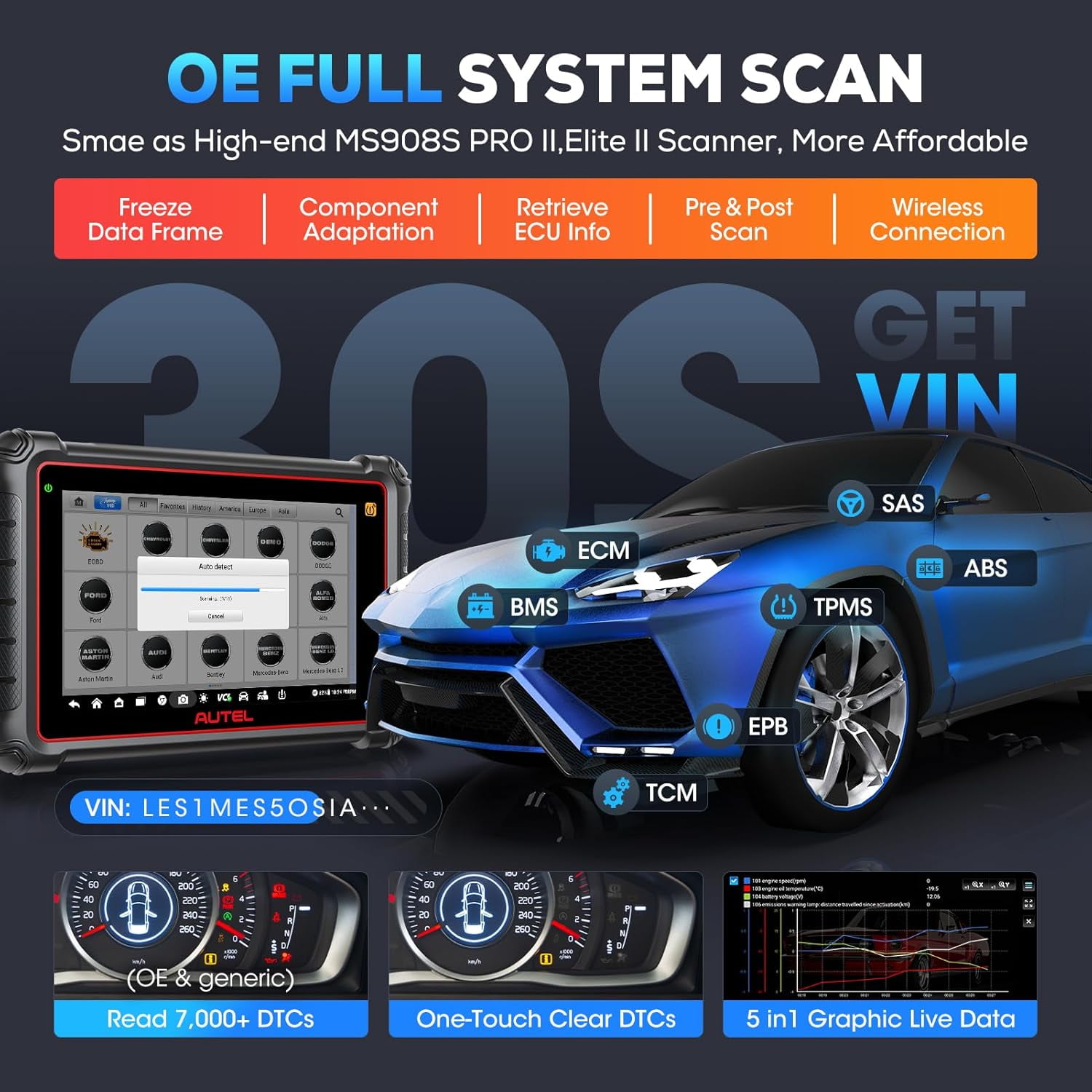 2025 Autel MaxiCOM MK900-TS Scanner, MK900-TS Up of MK808S-TS MK900BT MK900 MX900, Bidirectional Scan Tool w/Top TPMS Function, All System, CAN FD & DoIP, 3000+ Active Test, 40+ Service, FCA, OS 11.0