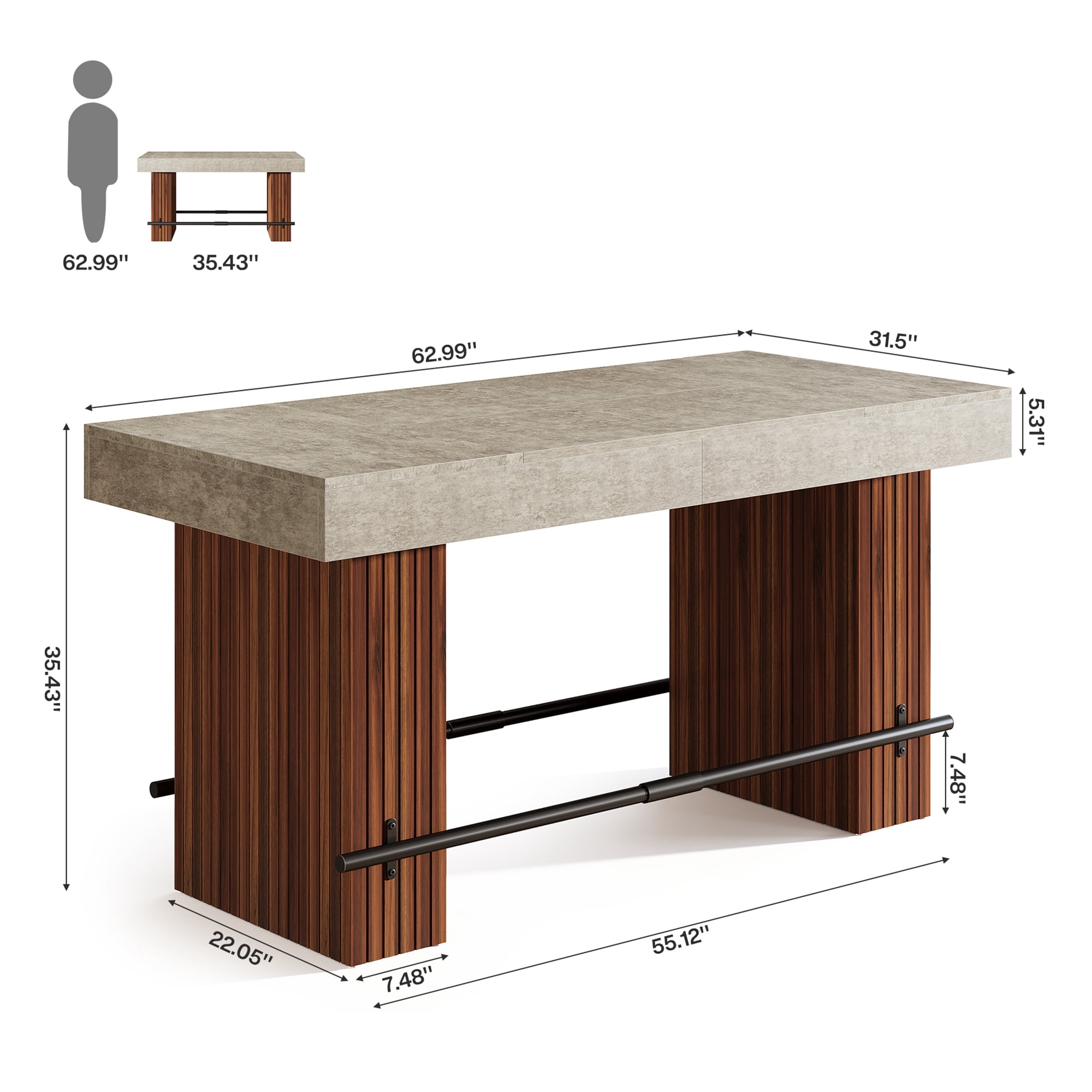 MAYEERTY 62.2 Inch Industrial Bar Table, Counter Height Pub Dining Table with Rustic Brown Tabletop and Dark Gray Slatted Base for Home Bar Kitchen Island