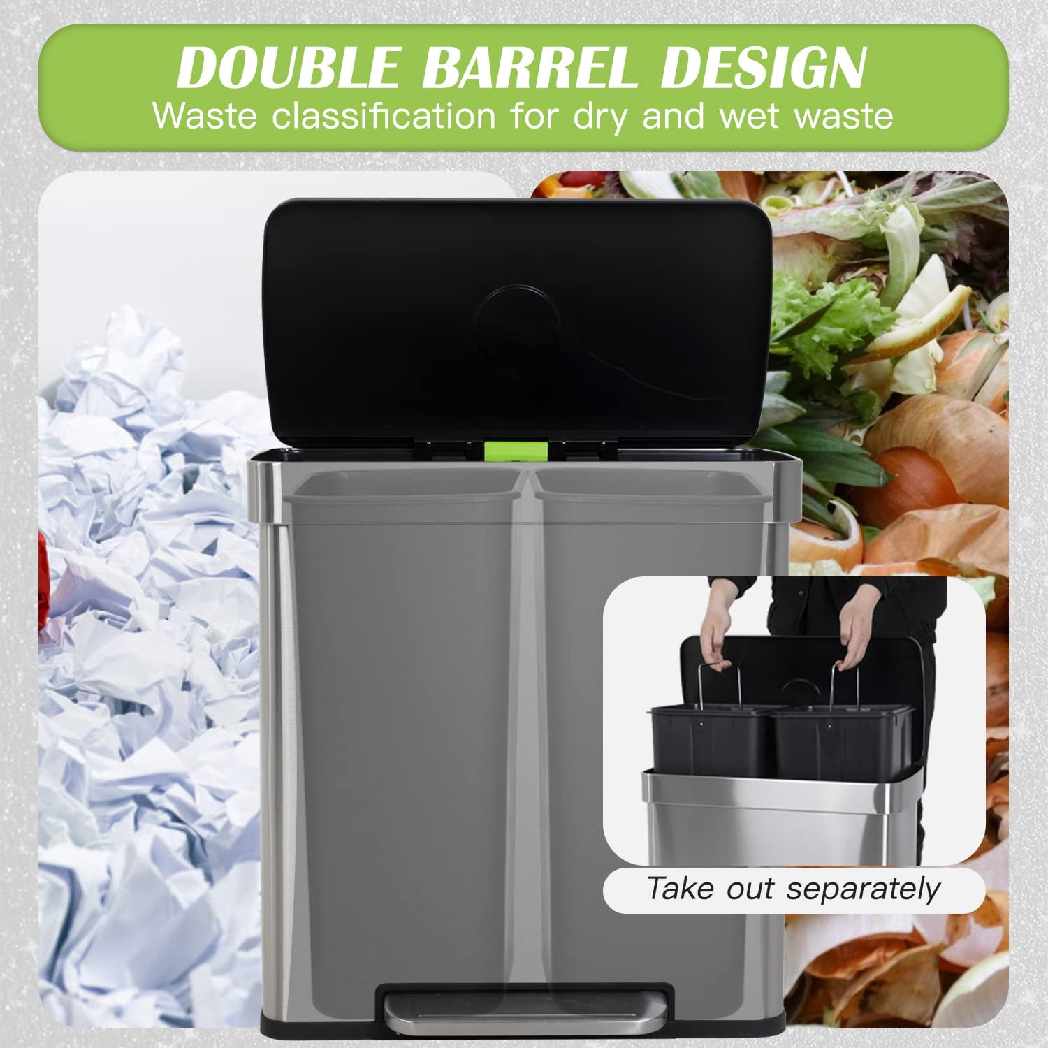 PayLessHere  60L Trash Can Soft-Close, Smude Resistant Trash Can with Foot Pedal-Brushed Stainless Steel