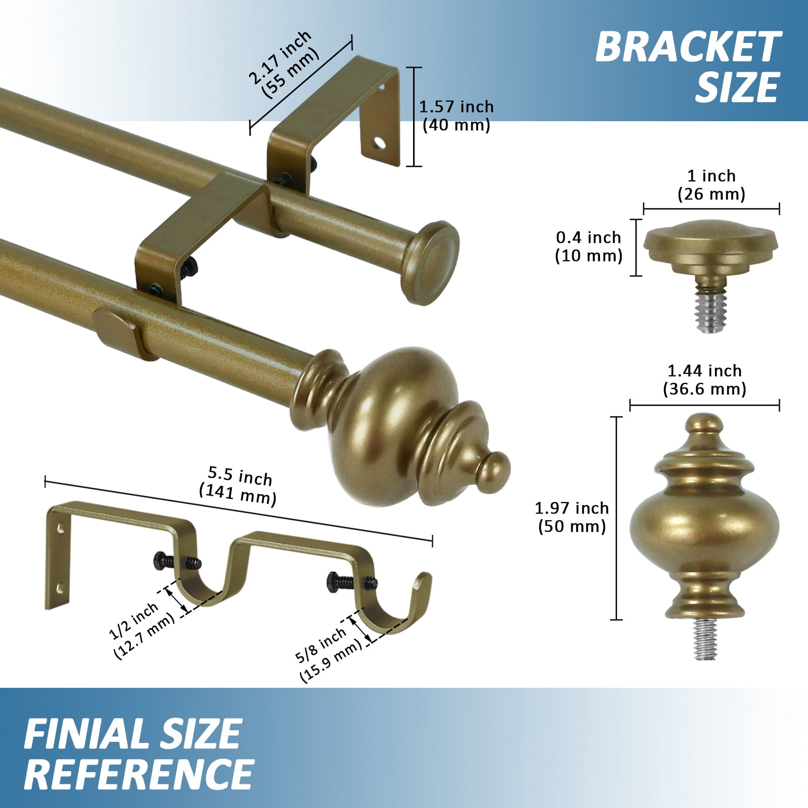 Urbanest Adjustable Double Curtain Rod Set Metal with Decorative Round Urn Finials, Heavy-Duty, 48"-84", Antique Gold