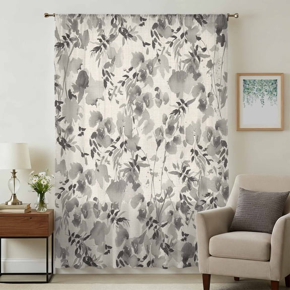 Vintage Grey Flower Sheer Curtains 108" Extra Long, Farmhouse Botanical Floral Retro Light Filering Curtains, Privacy Drapes Simi Floor to Veiling Curtain for Living Room Bedroom Window Treatment