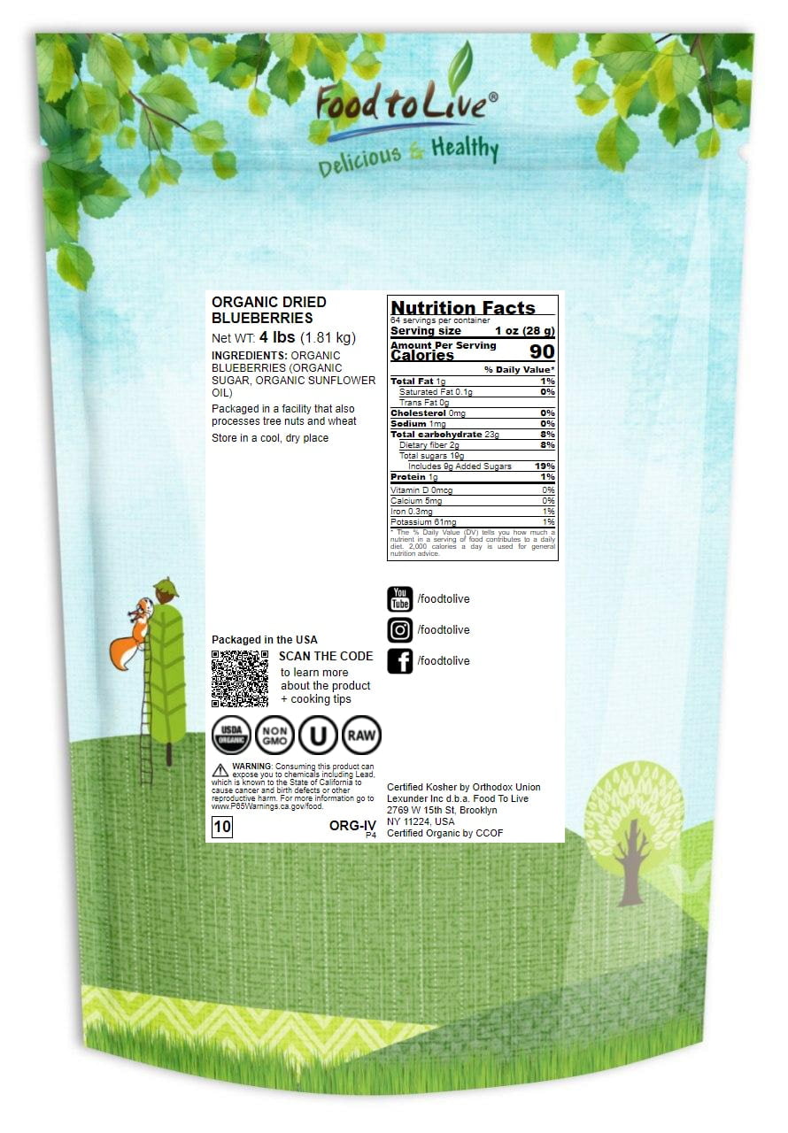 Organic Dried Blueberries, 4 Pounds — Non-GMO, Kosher, Raw, Vegan — by Food to Live