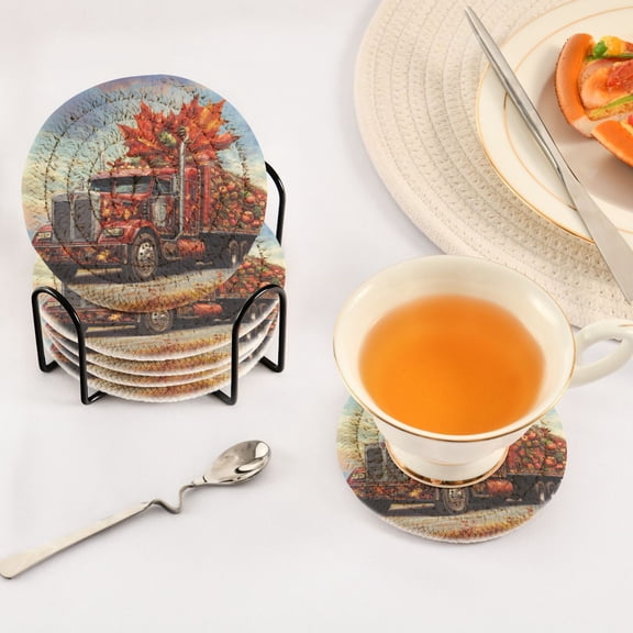 YAZAOO 6Pcs Drink Coasters With Holder 3.94Inch Truck Decorated with Autumn Leaves Creative Coil Coaster Coasters Colors Absorbent Coasters for Drinks Coasters Set Thicken Heat for Home Table