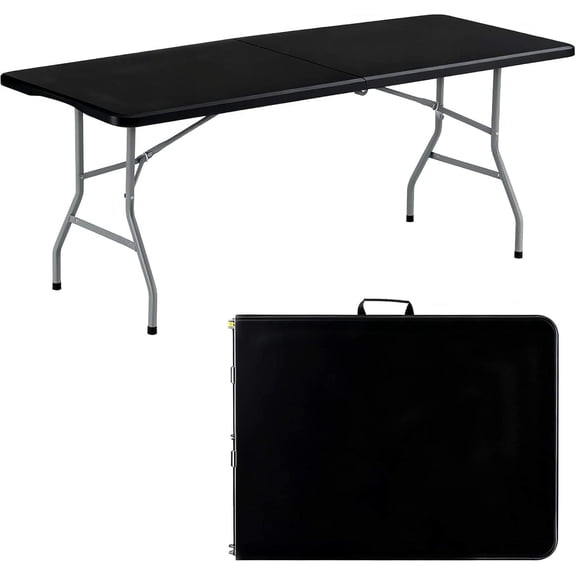 6FT Folding Table, Portable Heavy Duty Fold-in-Half Utility Table for Indoor/Outdoor Use, Black
