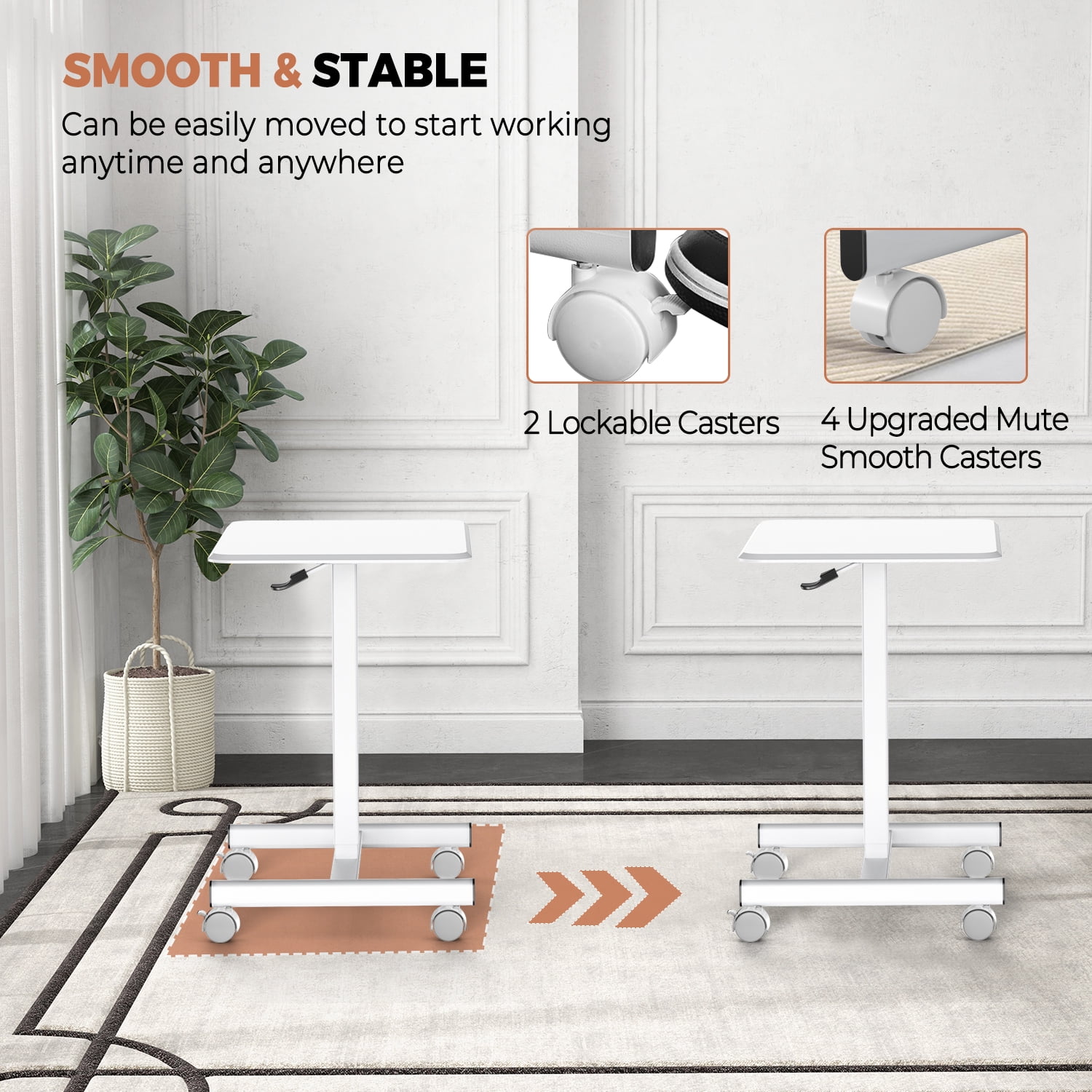 MAYEERTY Mobile Laptop Stand Rolling Desk with Adjustable Height for Home, Office, White