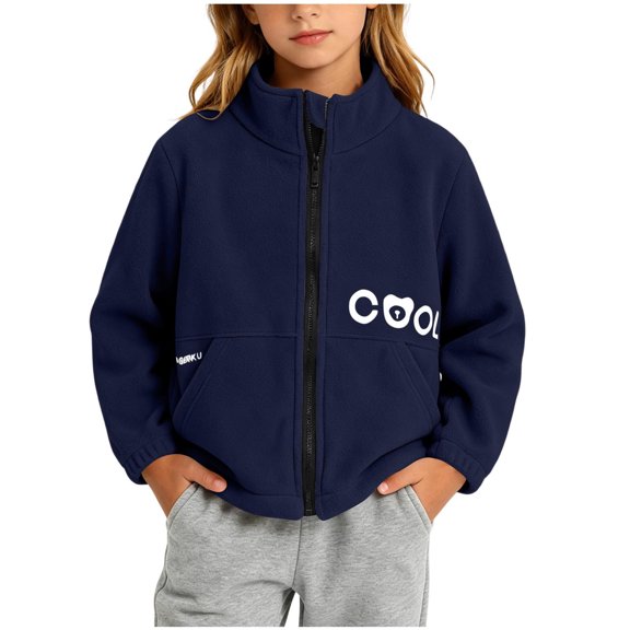 Tween Boys Polar Fleece Jacket Full Zip Stand Collar Warm Outerwear Coat with Pockets Long Sleeve Fall Winter Casual Active Tops Cute Graphic School Playwear, Size 11-12