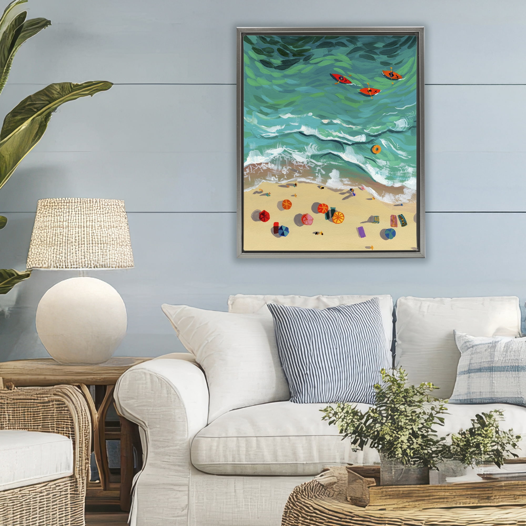 Stupell Industries Three Kayaks in Turquoise Waves Gray Framed Floater Canvas Wall Art, design by Brook Page