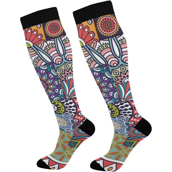 FREEAMG Mandala Compression Socks Women Men Long Stocking (20-30mmHg) Travel Knee High Stockings for Athletic Sports,Running,Cycling,Nursing