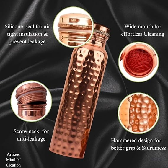 AADHYA COLLECTION Pure Copper Water Bottle With Hammered Shine Finish Design, Drinkware, Storage Purpose, Volume-1 Litre, Pic of 6