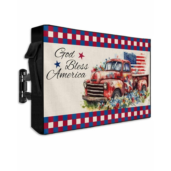 4th of July Outdoor TV Cover 60 to 65 Inch Weatherproof, Independence Day Truck Red Blue Floral 600D Oxford TV Covers with Waterproof Zipper, Outside Flat TV Screen Protector Size 58"W x 37"H x 4.5"D