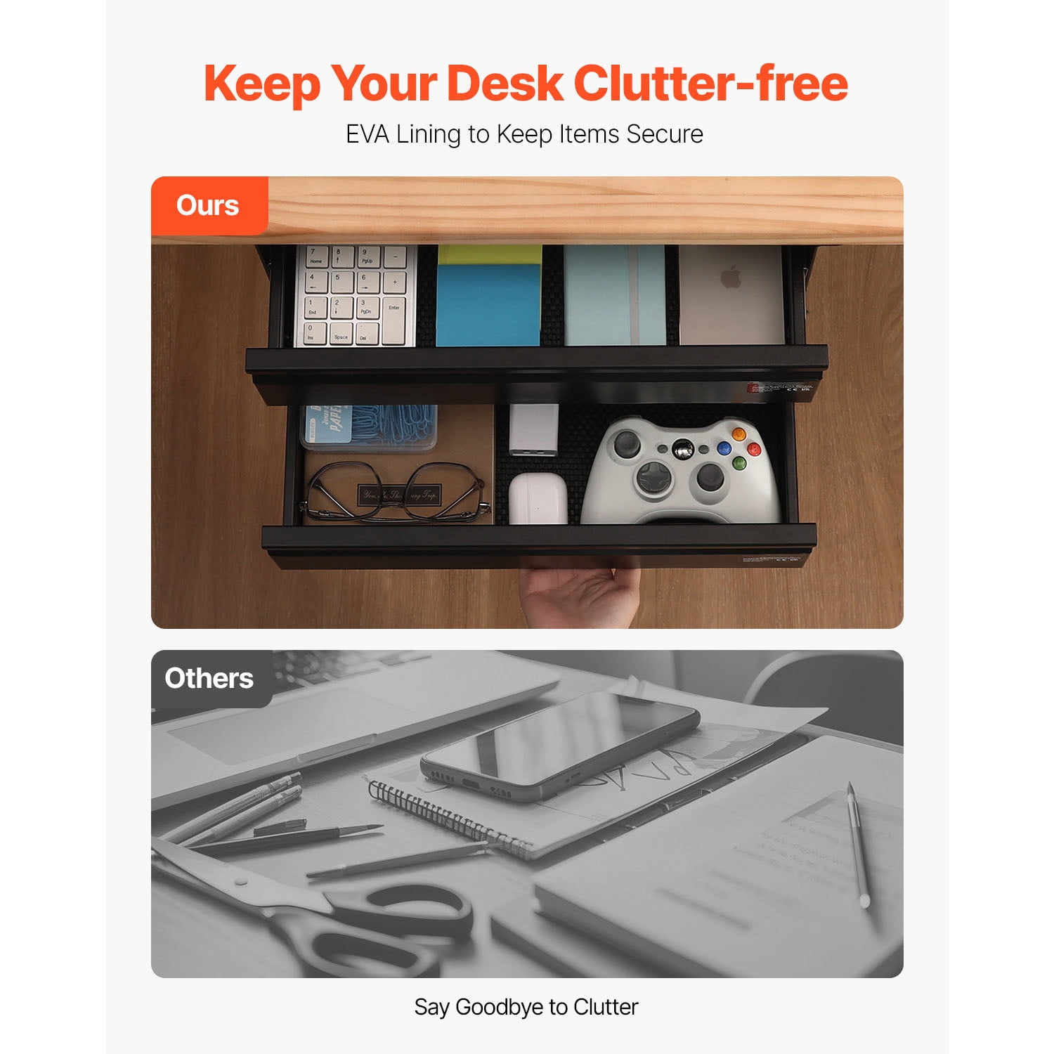 KFFKFF 16" Broad Under Table Drawer, Pull-out Attachment Beneath Desk, Concealed Dual Layer Desktop Organizer, Smooth Ball-bearing Movement, Undermount Stationery Drawer