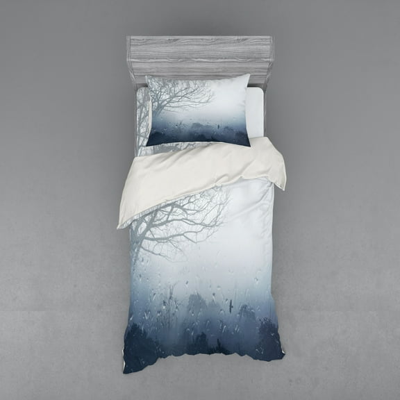 Ambesonne Landscape Bedding Set 3 Pcs, Idyllic Forest Rain View, Twin, Dark Slate Blue Grey